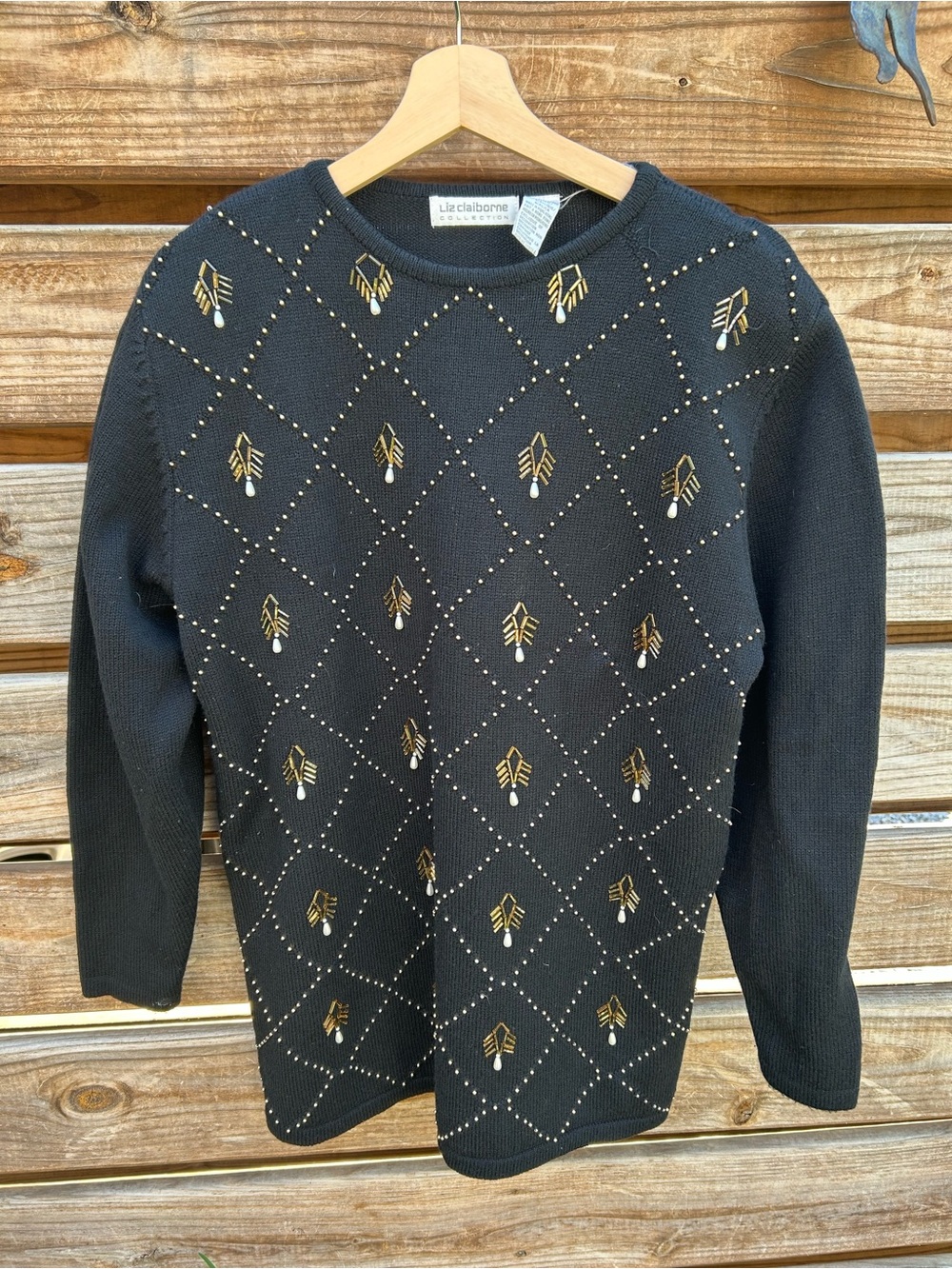 LIZ CLAIBORNE 90s Vintage Black Gold Beaded Knit Lambs Wool Sweater Womens - M